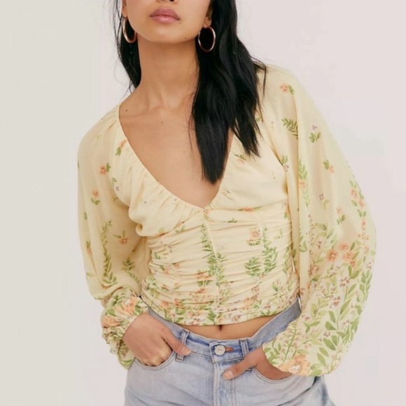 Free People Final Rose Yellow Floral Ruched Top Large - Picture 1 of 11